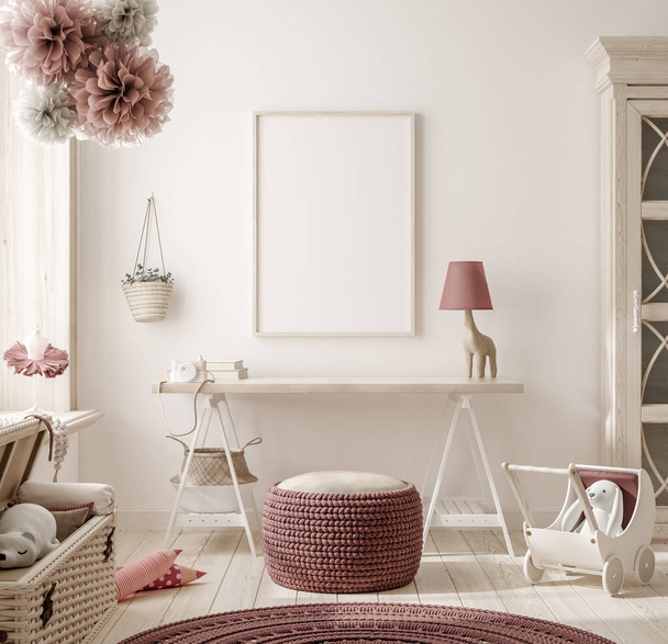 Mock up frame in warm colored girl bedroom, 3D render - Photo, Image