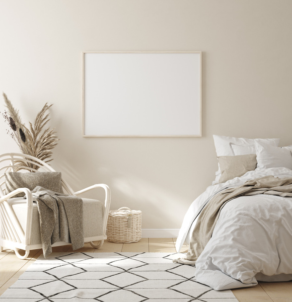 Mock up frame in bedroom interior background, beige room with natural wooden furniture, 3d render - Photo, Image