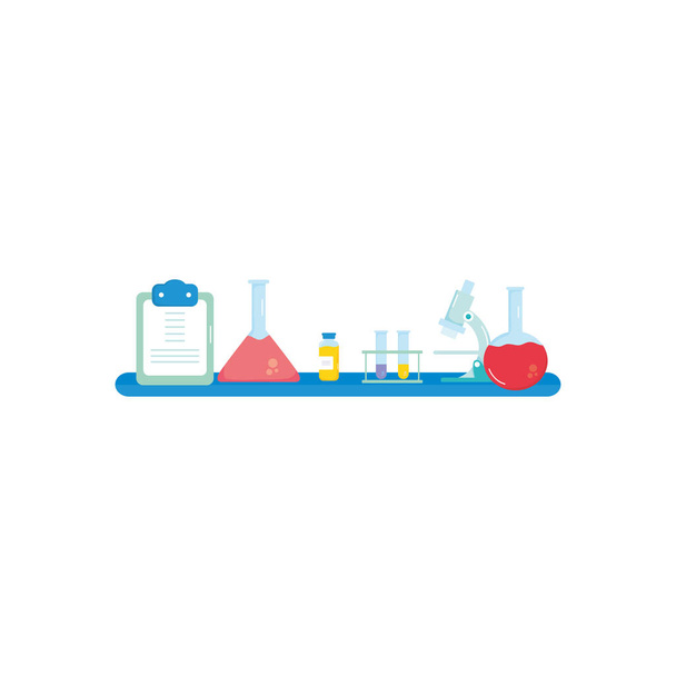 shelf with clipboard, microscope and chemical flask bottles, colorful design - Vector, Image
