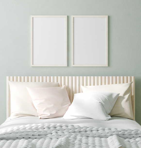 Mock-up poster frame in slaapkamer, Scandinavische stijl, 3d render - Foto, afbeelding