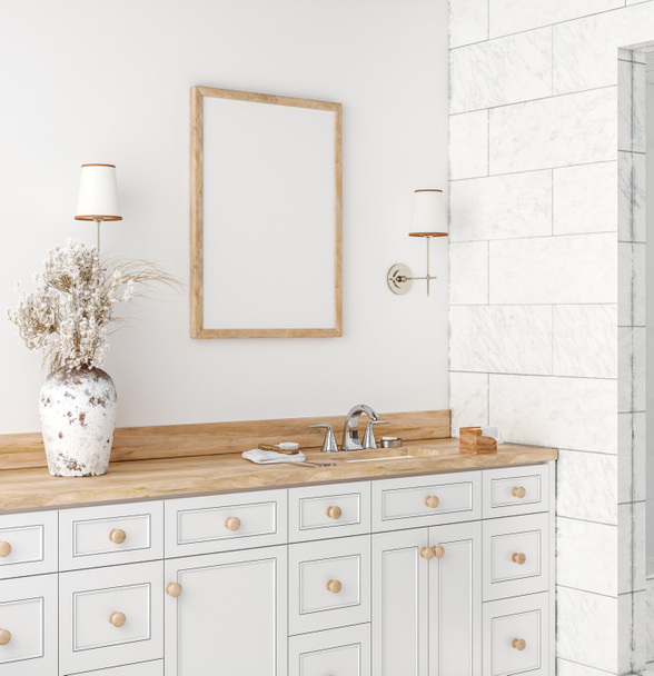 Cartel maqueta en blanco acogedor cuarto de baño interior de fondo, 3d render - Foto, Imagen
