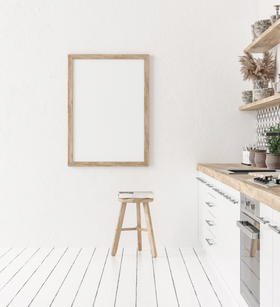 キッチンのインテリアの背景にポスターフレームをモックアップ,エスニックスタイル, 3Dレンダリング - 写真・画像