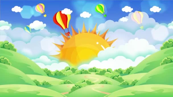 Globos de aire caliente de colores brillantes que vuelan en el cielo azul detrás del sol - animación - Imágenes, Vídeo