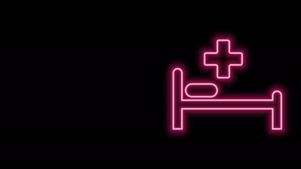 Gloeiende neon lijn Ziekenhuis bed met Medisch symbool van de Spoedeisende Hulp - Star of Life pictogram geïsoleerd op zwarte achtergrond. 4K Video motion grafische animatie - Video