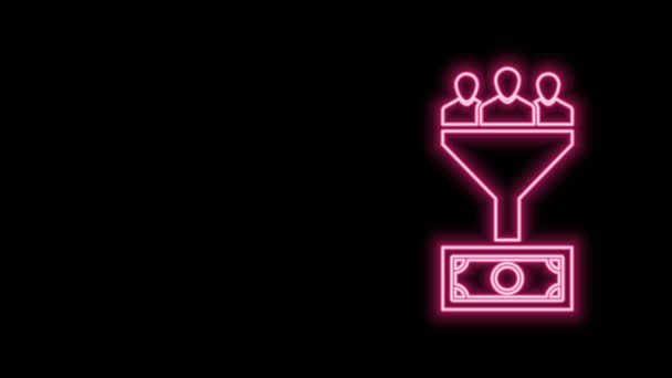 Ragyogó neon vonal Ólom menedzsment ikon elszigetelt fekete háttérrel. Tölcsér emberekkel, pénz. Célpont ügyfél üzleti koncepció. 4K Videó mozgás grafikus animáció - Felvétel, videó