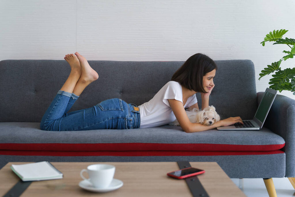young asian woman working with laptop computer on sofa at living room and having maltese puppy dog lying together - Foto, imagen