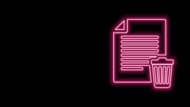 Leuchtende Leuchtschrift Löscht das Dateidokument-Symbol isoliert auf schwarzem Hintergrund. Papierbogen mit Papierkorbschild. Verworfenes Dokument-Symbol. Kreuz auf Papier. 4K Video Motion Grafik Animation - Filmmaterial, Video