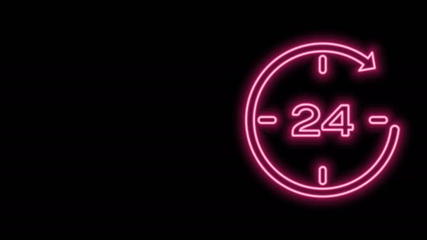 Linha de néon brilhante Relógio 24 horas ícone isolado no fundo preto. Ícone cíclico o dia todo. 24 horas de símbolo de serviço. Animação gráfica em movimento de vídeo 4K - Filmagem, Vídeo