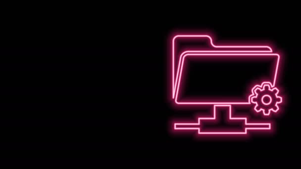 Glowing neon line FTP settings folder icon isolated on black background. Software update, transfer protocol, router, teamwork tool management, copy process. 4K Video motion graphic animation - Footage, Video