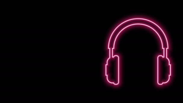 Icono de auriculares de línea de neón brillante aislado sobre fondo negro. Signo de auriculares. Objeto conceptual para escuchar música, servicio, comunicación y operador. Animación gráfica de vídeo 4K - Metraje, vídeo