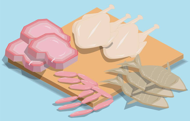 アイソメトリックタンパク源魚、肉、鶏肉、ソーセージ - ベクター画像