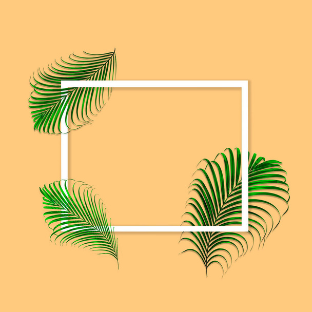 Modello di foglie di palma verde per concetto di natura, foglia tropicale su sfondo di carta arancione - Foto, immagini
