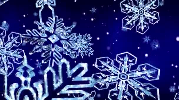 Grandes copos de nieve de cristal cayendo en fondo azul real - animación - Imágenes, Vídeo