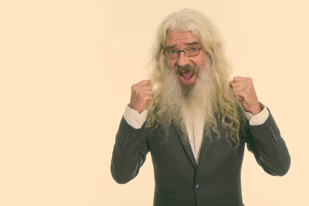 Студійний знімок красивого старшого бізнесмена з довгою білою кучерявим бородою і волоссям ізольовані на білому тлі
 - Фото, зображення