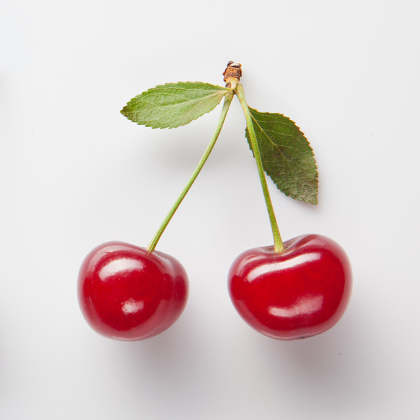 Red cherry with leaves on white - 写真・画像