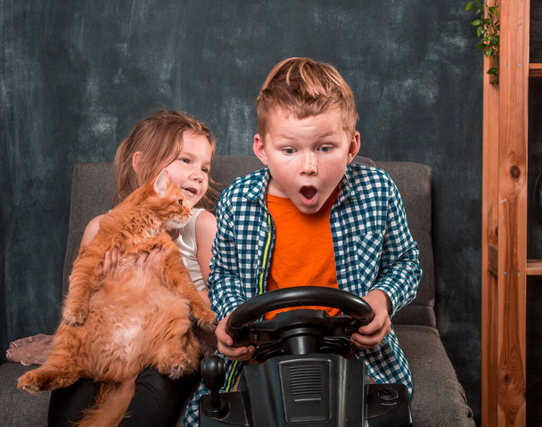 dzieci chłopiec i dziewczyna bawiące się z kotem zwierząt domowych i gry wideo na laptopie. Zabawny rudy kot siedzi na rękach - Zdjęcie, obraz