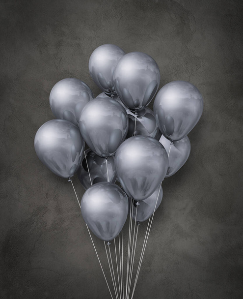 Silver metallic air balloons group on a dark concrete background. 3D illustration render - Fotó, kép