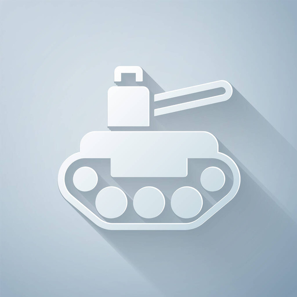 Papiergeschnittenes militärisches Panzersymbol isoliert auf grauem Hintergrund. Papierkunst. Vektor. - Vektor, Bild