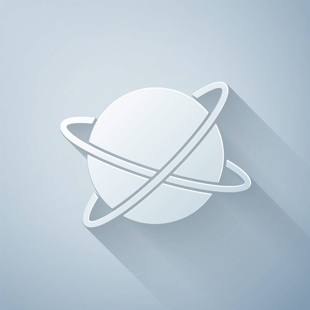 Corte de papel Satélites artificiales orbitando el planeta Tierra en el icono del espacio exterior aislados sobre fondo gris. Comunicación, concepto de navegación. Estilo de arte de papel. Vector. - Vector, imagen