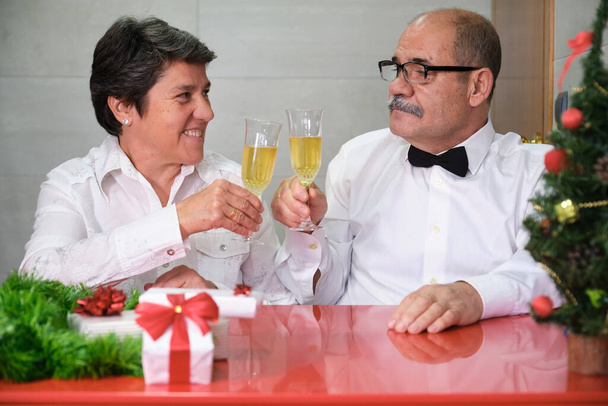 Ηλικιωμένο ζευγάρι γιορτάζει τα Χριστούγεννα τσούξιμο ποτήρια σαμπάνιας. Χριστουγεννιάτικη γιορτή. - Φωτογραφία, εικόνα
