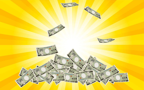 Illustration of Ichiman Yen bills piled up highlighted with a radial background - Vector, Image