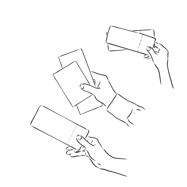 Mão desenhada mão segurando bilhete de cinema. Modelo para o seu projeto funciona. Ilustração vetorial de estilo gravado., bilhete na mão, ilustração de esboço vetorial - Vetor, Imagem