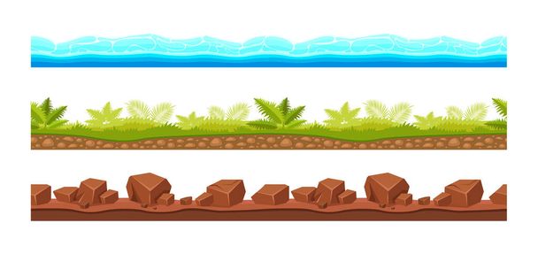 Landscape grounds seamless. Water with waves, nature soil layers with rocks, grass with tropical vegetation. Cartoon texture different ground, landscape seamless vector background. Gaming floor texture. - ベクター画像
