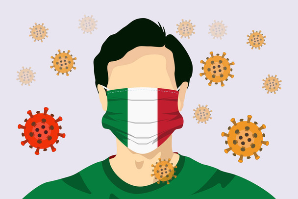 Illustratie vectorgrafiek van beelddrager Italië vlaggen chirurgisch masker om Coronavirus en ziekten te voorkomen. Coronavirussen vector illustratie, virus van oorsprong uit Wuhan China. - Vector, afbeelding