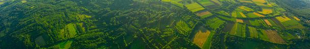 Above view, wide skyline panorama, backlight of sunshine over green hilly landscape, several cultivated plots among forest trees in early dawn, haze, fog. - Photo, Image