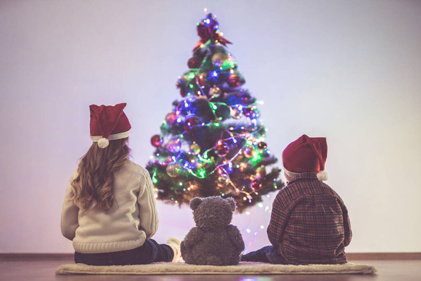 男の子と女の子とテディベアはクリスマスツリーの近くに座っています - 写真・画像