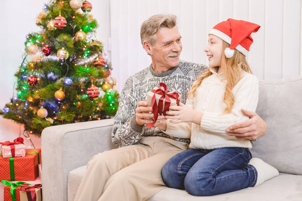 The grandfather and a granddoughter sit with gift near the christmas tree - Фото, изображение