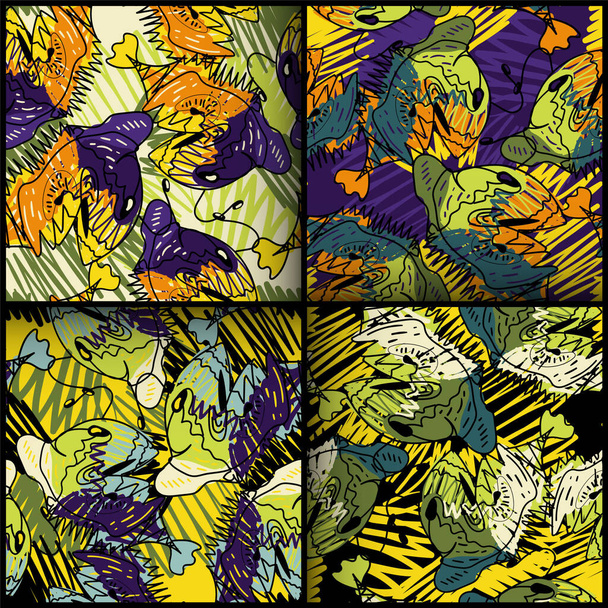 Conjunto de patrones creativos abstractos con peces inusuales de repetición - Vector, imagen