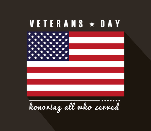 happy veterans day lettering with usa flag in black background - Vektor, obrázek