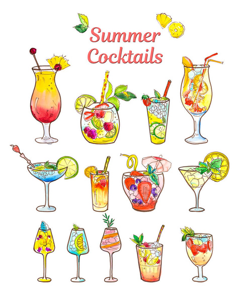 Set of drawings of summer cocktails of different colors with fruits. Watercolor and pen sketch. - Photo, image
