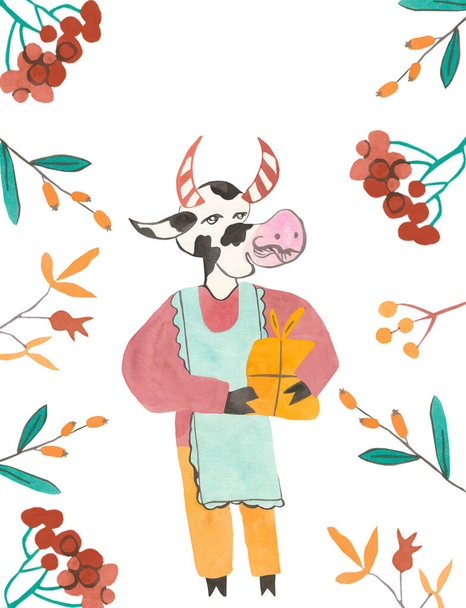 Tarjeta navideña con símbolo de toro acuarela 2021 con ramas y berries.Flyer con vaca en color azul, naranja sobre fondo blanco aislado dibujado a mano.Diseño para embalaje, web, redes sociales. - Foto, Imagen