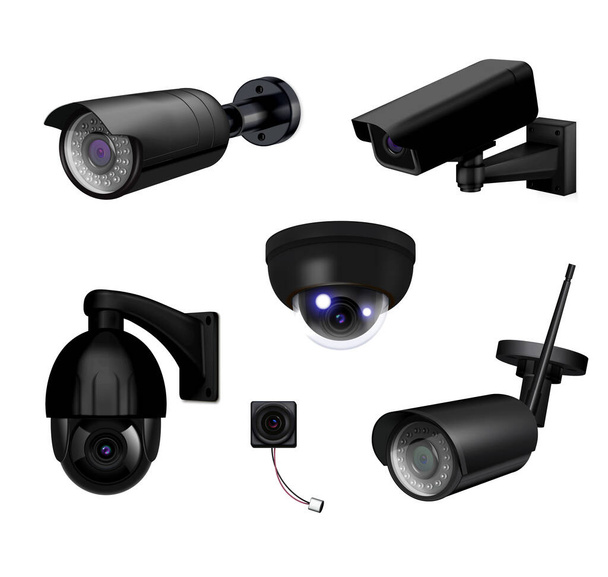 Siyah Video Güvenlik Kameraları Gerçekçi Simge Ayarları - Vektör, Görsel