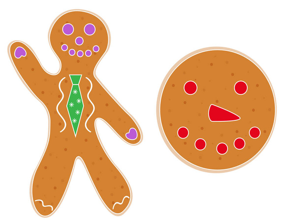 Biscuits au pain d'épice de Noël en forme d'homme et cercles décorés de glaçage coloré. Objets vectoriels isolés sur fond blanc - Vecteur, image