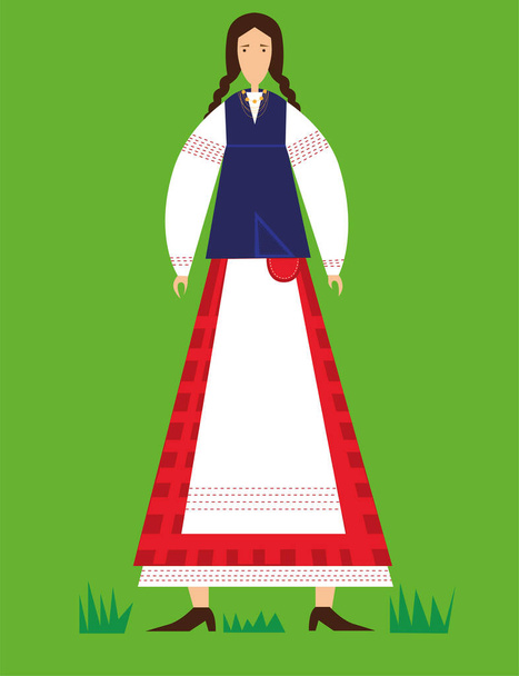 Figura estilizada de una mujer en traje nacional sobre un fondo verde - Vector, Imagen