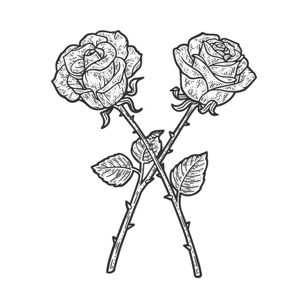 Crossed rose flowers sketch engraving vector illustration. T-shirt apparel print design. Scratch board imitation. Black and white hand drawn image. - Vektör, Görsel