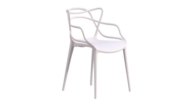 Kruhová animace bílé plastové židle s tenkými nohami. Zakřivená židle z poloviny století se zakřivenými opěradly na bílém pozadí. 3D vykreslení - Záběry, video