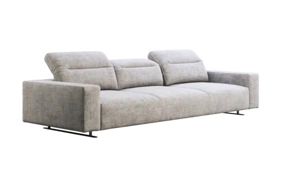 Animazione circolare di divano in tessuto grigio con schienale regolabile. Divano imbottito in tessuto su sfondo bianco. Moderno, Loft, interni scandinavi. Rendering giradischi 3d - Filmati, video
