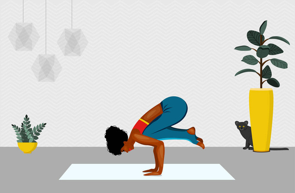 African American women standing in Adho Mukha Vrksasana exercise. Next to the woman walking cat. vector illustration.Yoga, concept of meditation, health benefits for body, control of mind and emotions. - Vector, imagen