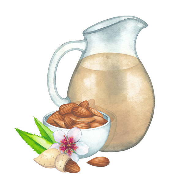 Кувшин из акварели растительного молока, украшенный миской орехов, миндальных листьев и цветов. - Фото, изображение