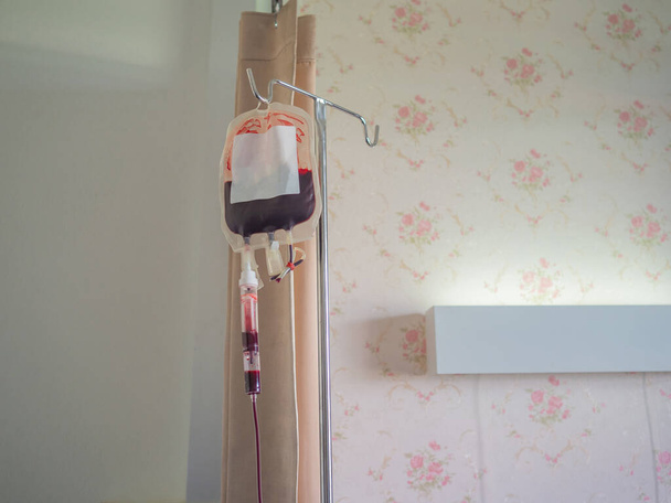 Hastanedeki hasta odasında asılı olan kansızlığı tedavi etmesi için kan torbası. Sağlık hizmeti kavramı - Fotoğraf, Görsel
