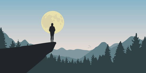 eenzaam meisje op een klif kijkt naar de volle maan in de natuur landschap - Vector, afbeelding