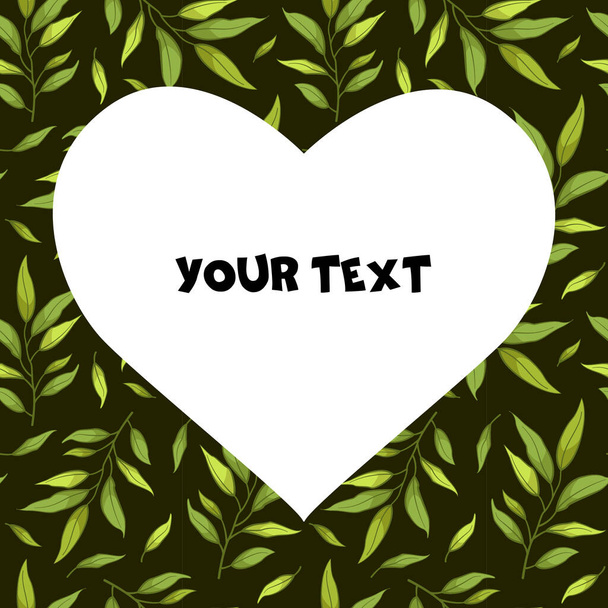  A square card with green foliate twigs on black background and heart-shaped frame in the center. Template for interior design, greetings cards, invitations. - Vector, Imagen