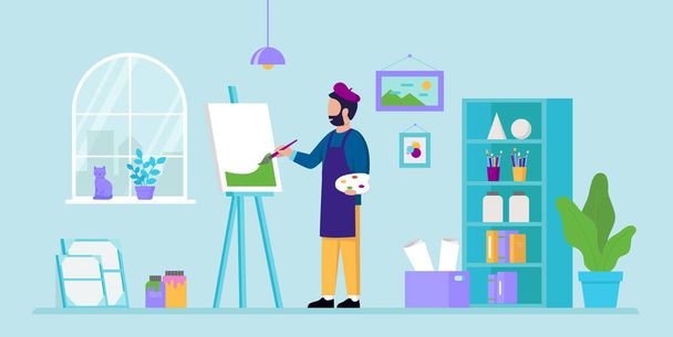 Creativity And Art Concept. An Artist Drawing A Landscape. Male Character Standing With Paint Brush And Palette Of Colors Painting A Picture In An Art Studio. Cartoon Flat Style Vector Illustration - Vector, Image