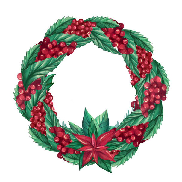 ベリー、ホリーリーフ、ポインセチアで作られたクリスマスの花輪 - 写真・画像