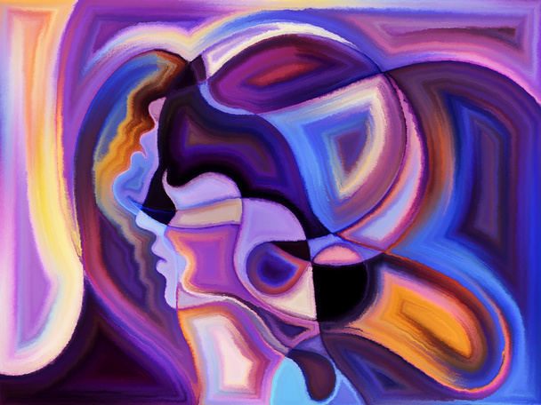 Żywy projekt malowany ludzkich głów na temat relacji międzyludzkich. - Zdjęcie, obraz