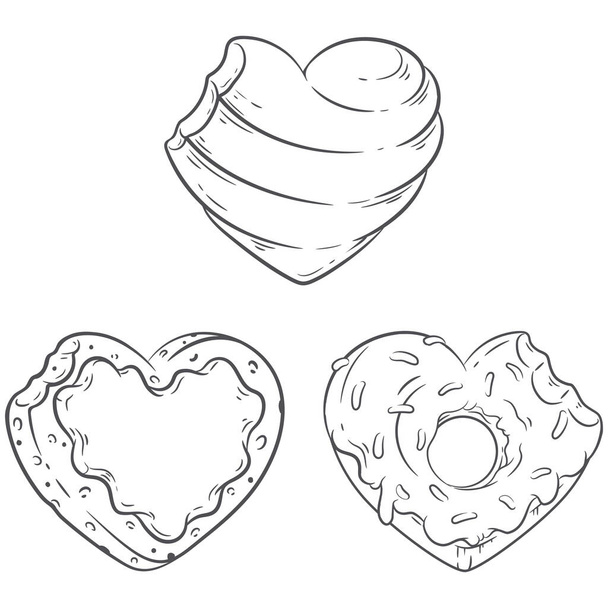 Set of heart shaped bitten candy, donut and cooky. Sweet hearts line art vector illustrations for your Valentine Day, food festival and other party designs - Вектор, зображення